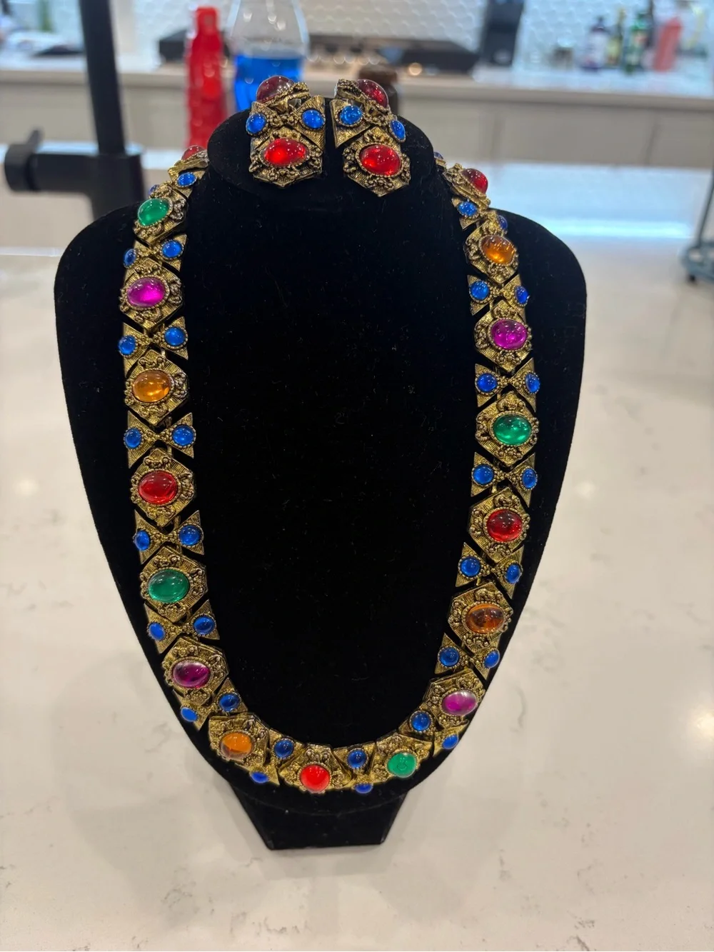 Vintage-Multicolor Stone Necklace and Earring Set - Gold Tone